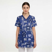 Blue Samoa Manuia Le Kerisimasi Scrub Top Pacific Patchwork Xmas Vibes - Polynesian Pride