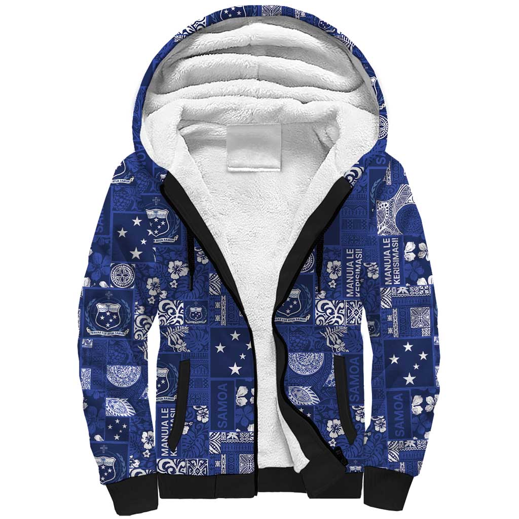 Blue Samoa Manuia Le Kerisimasi Sherpa Hoodie Pacific Patchwork Xmas Vibes - Polynesian Pride