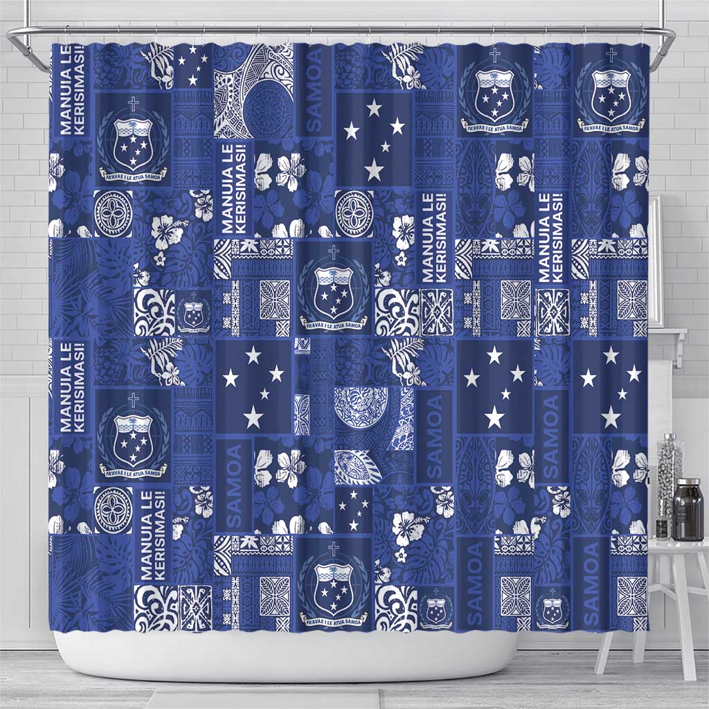Blue Samoa Manuia Le Kerisimasi Shower Curtain Pacific Patchwork Xmas Vibes - Polynesian Pride