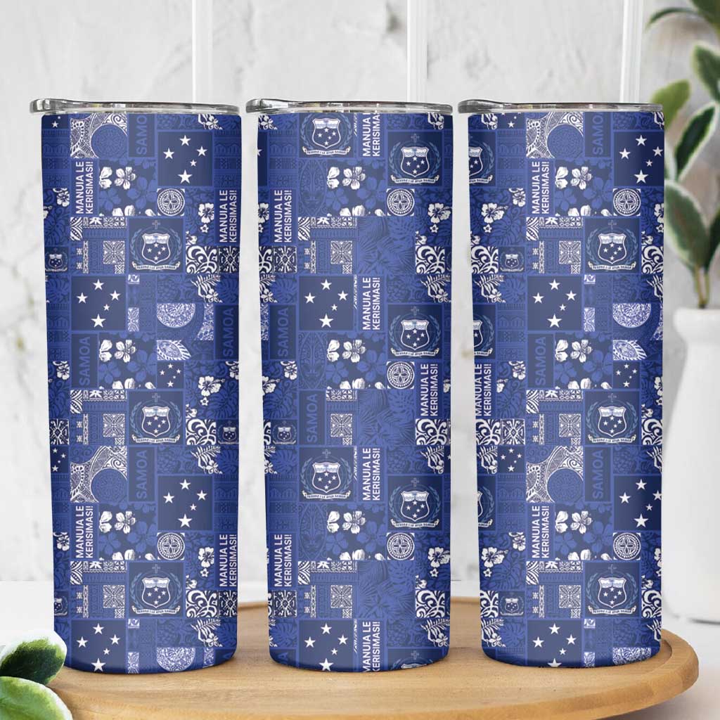 Blue Samoa Manuia Le Kerisimasi Skinny Tumbler Pacific Patchwork Xmas Vibes - Polynesian Pride