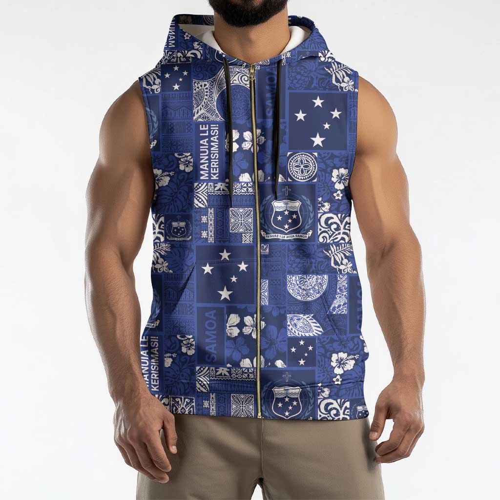 Blue Samoa Manuia Le Kerisimasi Sleeveless Zip Hoodie Pacific Patchwork Xmas Vibes - Polynesian Pride