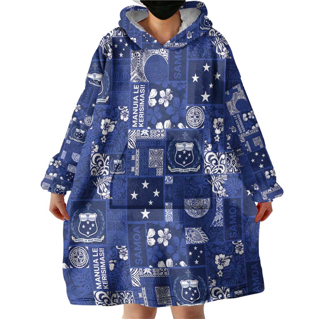 Blue Samoa Manuia Le Kerisimasi Wearable Blanket Hoodie Pacific Patchwork Xmas Vibes - Polynesian Pride