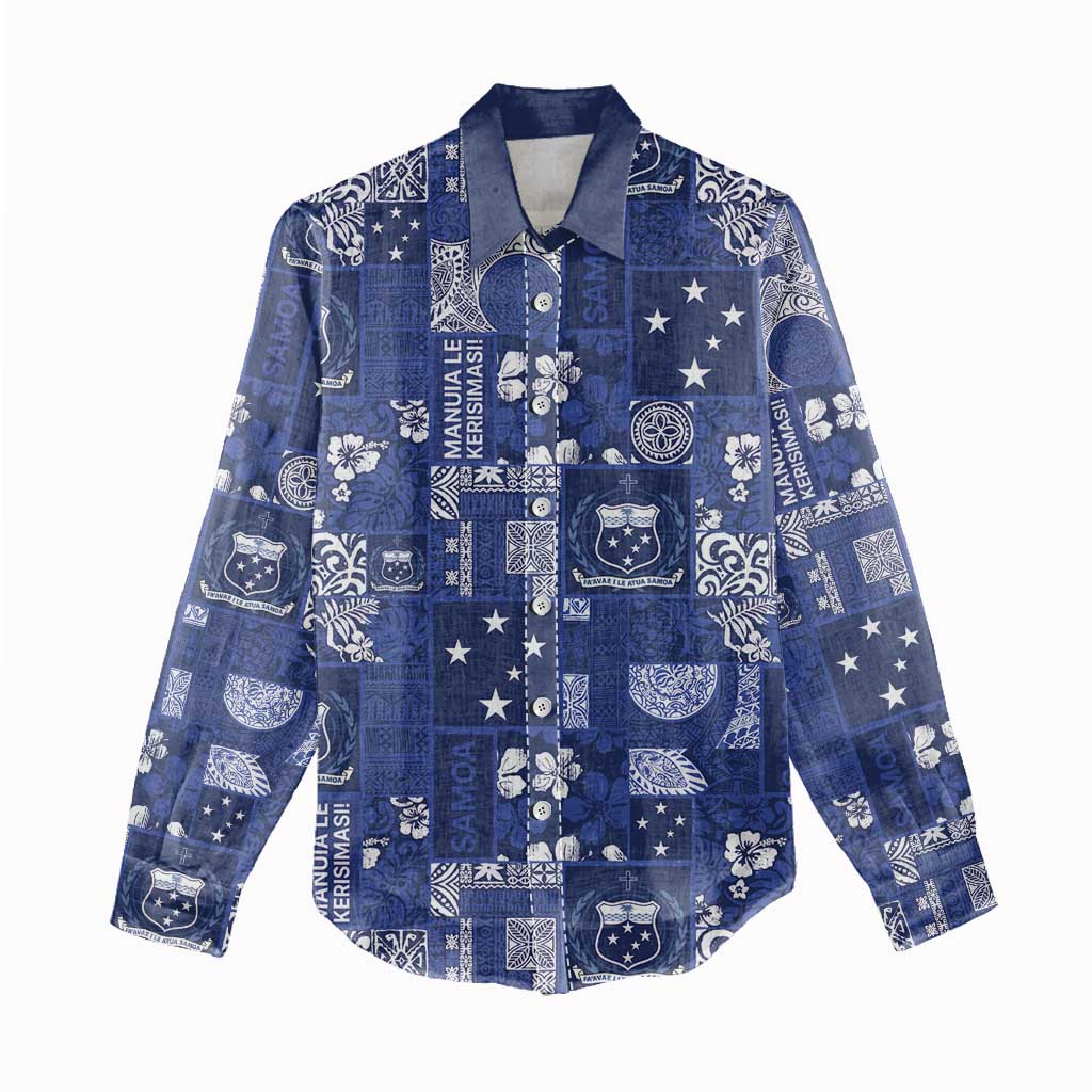 Blue Samoa Manuia Le Kerisimasi Women Casual Shirt Pacific Patchwork Xmas Vibes - Polynesian Pride