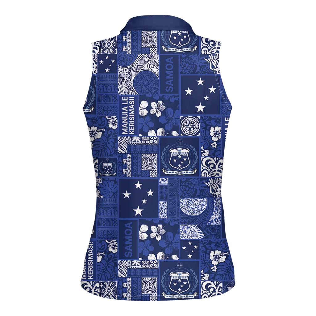 Blue Samoa Manuia Le Kerisimasi Women Sleeveless Polo Shirt Pacific Patchwork Xmas Vibes - Polynesian Pride