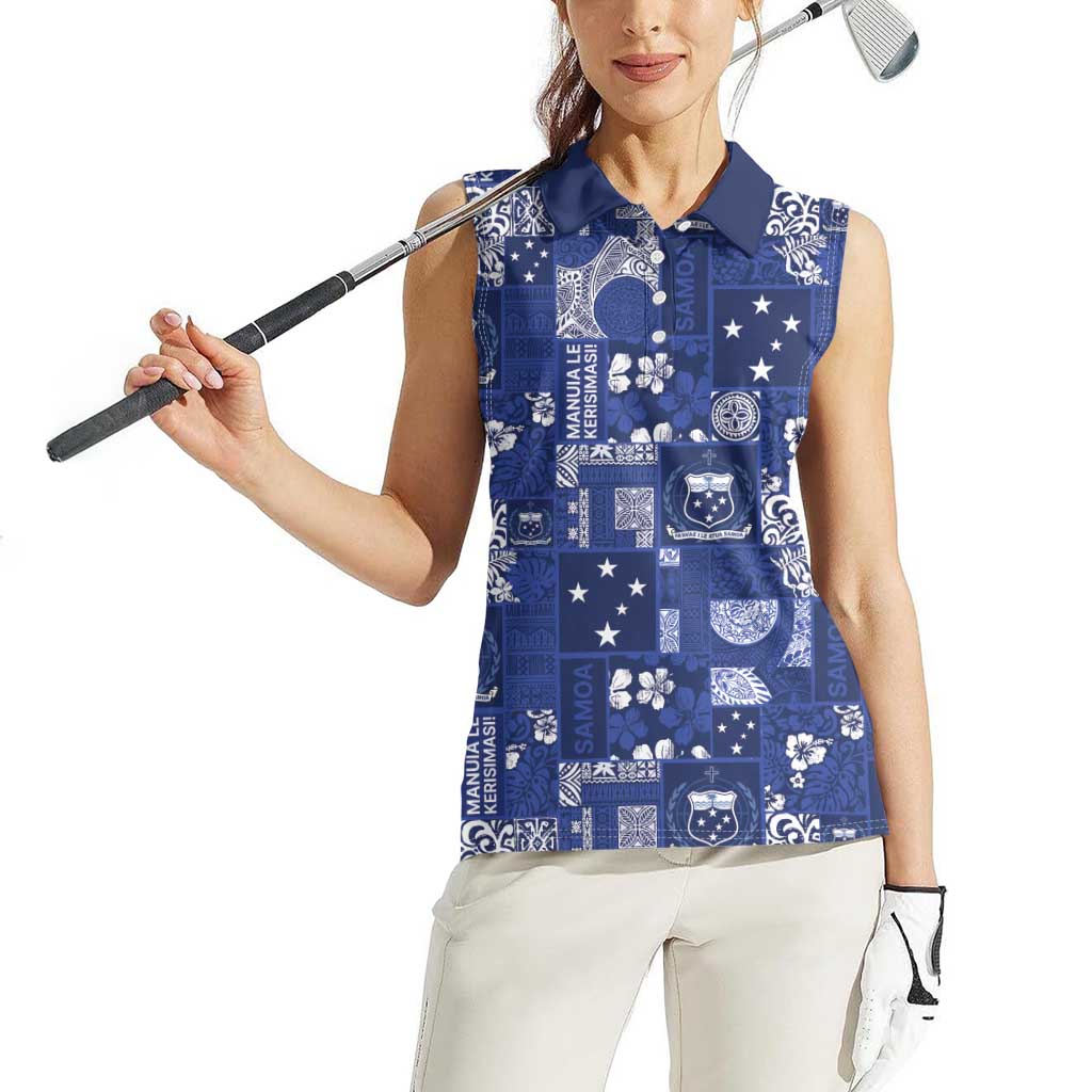 Blue Samoa Manuia Le Kerisimasi Women Sleeveless Polo Shirt Pacific Patchwork Xmas Vibes - Polynesian Pride