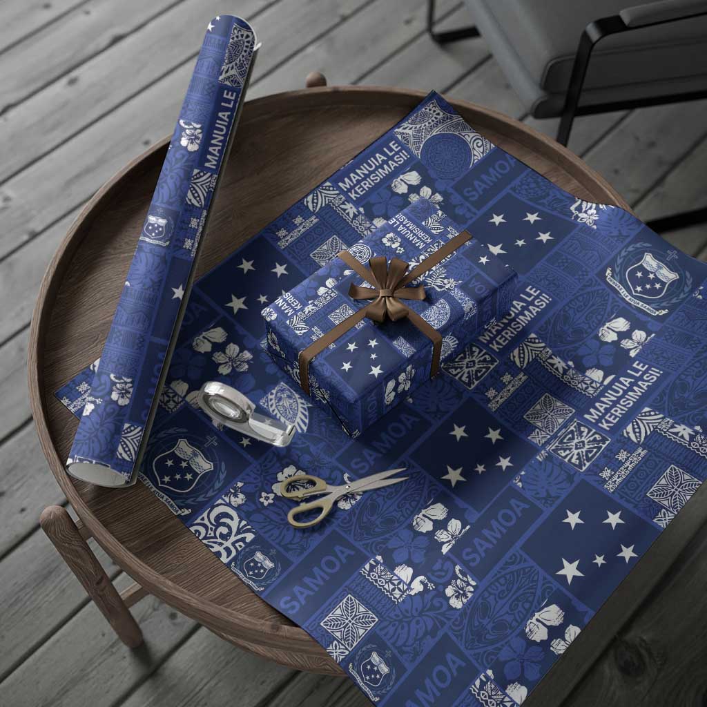 Blue Samoa Manuia Le Kerisimasi Wrapping Paper Pacific Patchwork Xmas Vibes - Polynesian Pride
