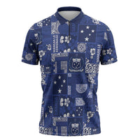 Blue Samoa Manuia Le Kerisimasi Zipper Polo Shirt Pacific Patchwork Xmas Vibes - Polynesian Pride
