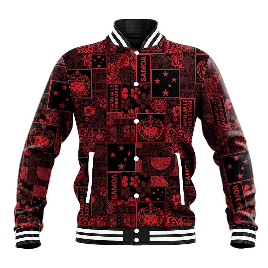 Dark Samoa Manuia Le Kerisimasi Baseball Jacket Pacific Patchwork Xmas Vibes - Polynesian Pride