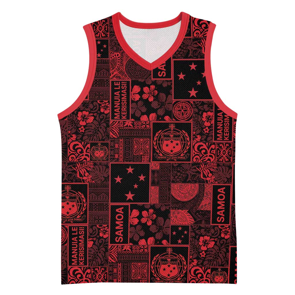 Dark Samoa Manuia Le Kerisimasi Basketball Jersey Pacific Patchwork Xmas Vibes - Polynesian Pride