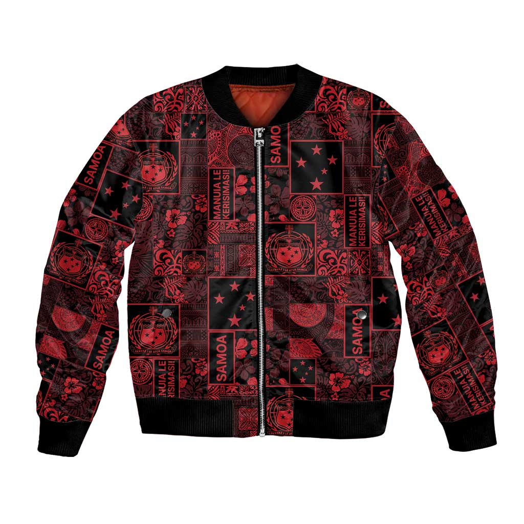 Dark Samoa Manuia Le Kerisimasi Bomber Jacket Pacific Patchwork Xmas Vibes - Polynesian Pride