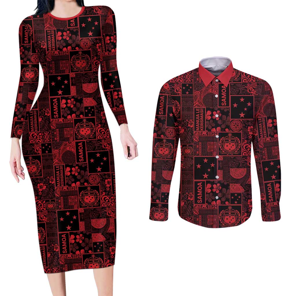 Dark Samoa Manuia Le Kerisimasi Couples Matching Long Sleeve Bodycon Dress and Long Sleeve Button Shirt Pacific Patchwork Xmas Vibes - Polynesian Pride
