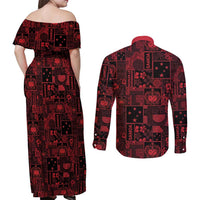 Dark Samoa Manuia Le Kerisimasi Couples Matching Off Shoulder Maxi Dress and Long Sleeve Button Shirt Pacific Patchwork Xmas Vibes - Polynesian Pride