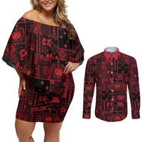 Dark Samoa Manuia Le Kerisimasi Couples Matching Off Shoulder Short Dress and Long Sleeve Button Shirt Pacific Patchwork Xmas Vibes - Polynesian Pride