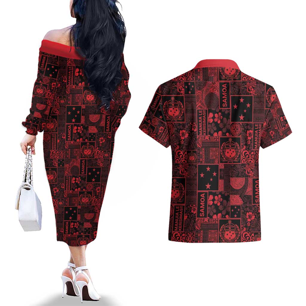 Dark Samoa Manuia Le Kerisimasi Couples Matching Off The Shoulder Long Sleeve Dress and Hawaiian Shirt Pacific Patchwork Xmas Vibes - Polynesian Pride