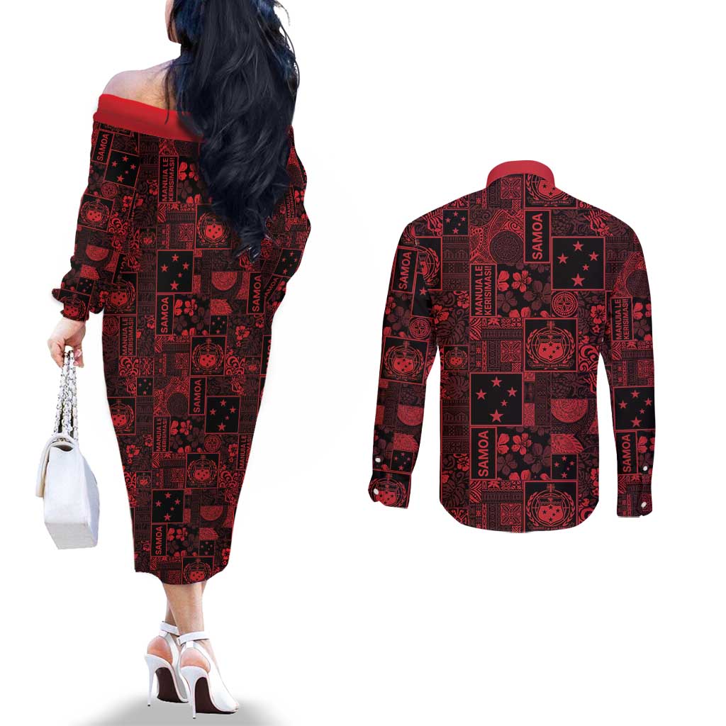 Dark Samoa Manuia Le Kerisimasi Couples Matching Off The Shoulder Long Sleeve Dress and Long Sleeve Button Shirt Pacific Patchwork Xmas Vibes - Polynesian Pride