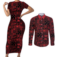 Dark Samoa Manuia Le Kerisimasi Couples Matching Short Sleeve Bodycon Dress and Long Sleeve Button Shirt Pacific Patchwork Xmas Vibes - Polynesian Pride