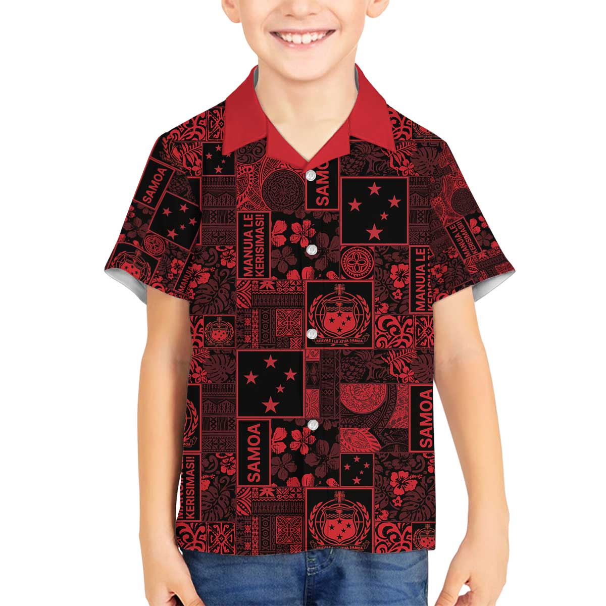 Dark Samoa Manuia Le Kerisimasi Family Matching Off The Shoulder Long Sleeve Dress and Hawaiian Shirt Pacific Patchwork Xmas Vibes - Polynesian Pride