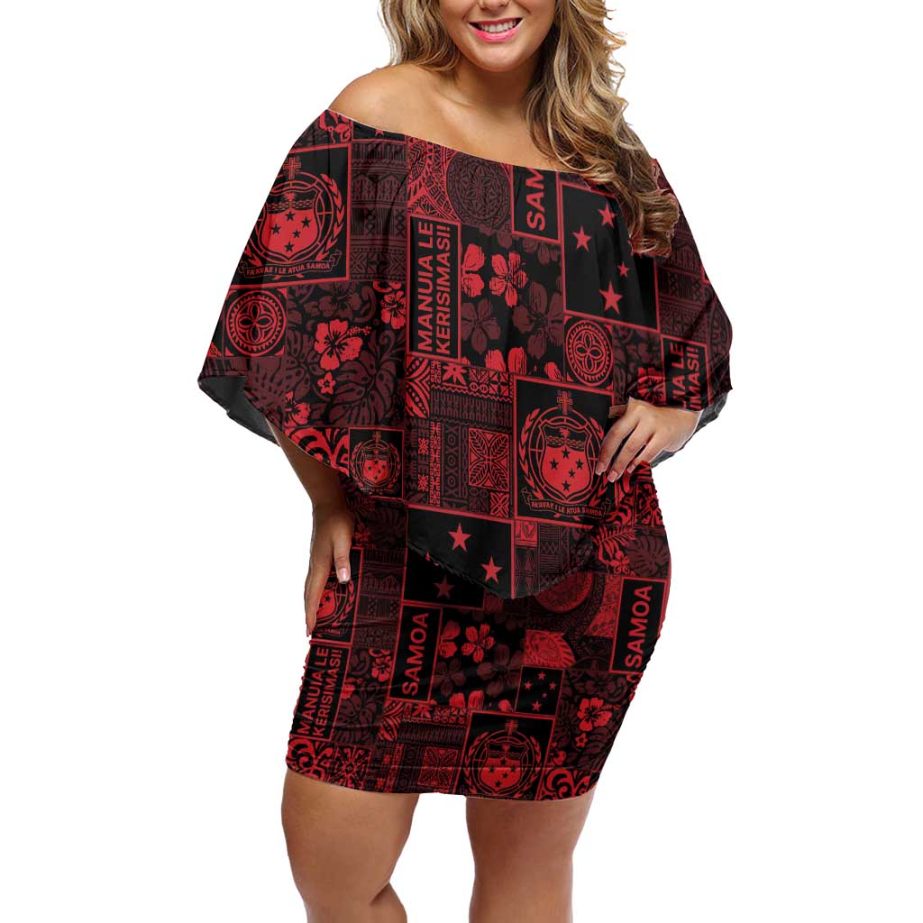 Dark Samoa Manuia Le Kerisimasi Family Matching Off Shoulder Short Dress and Hawaiian Shirt Pacific Patchwork Xmas Vibes - Polynesian Pride
