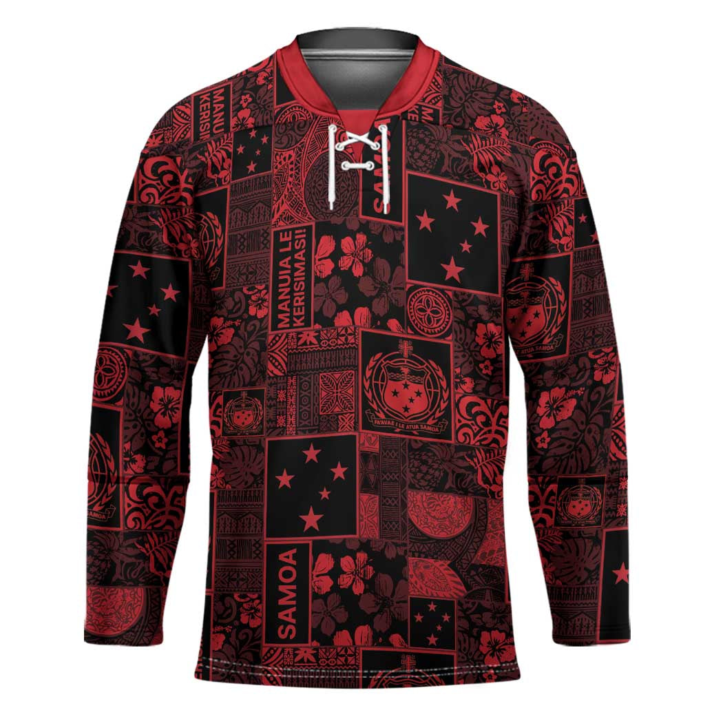 Dark Samoa Manuia Le Kerisimasi Hockey Jersey Pacific Patchwork Xmas Vibes - Polynesian Pride