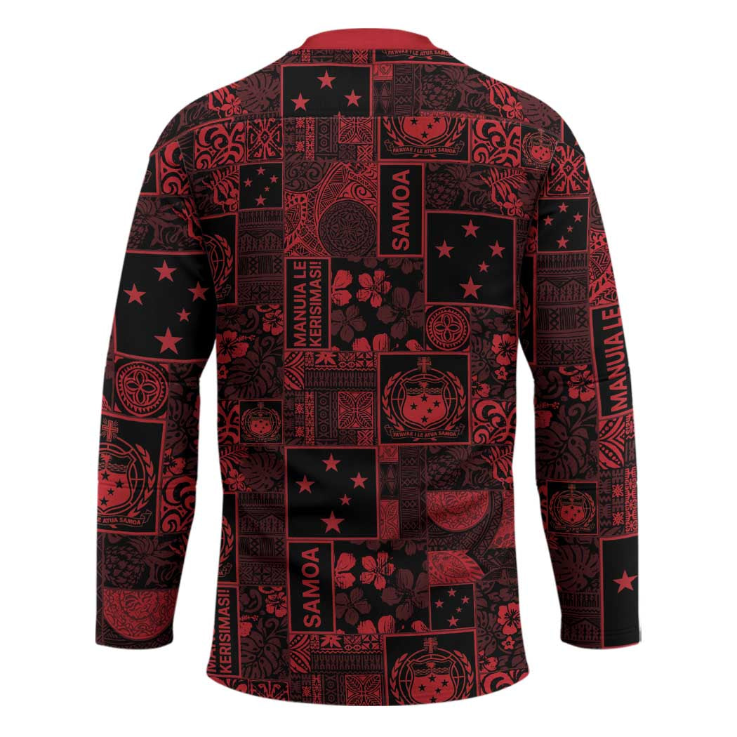 Dark Samoa Manuia Le Kerisimasi Hockey Jersey Pacific Patchwork Xmas Vibes - Polynesian Pride