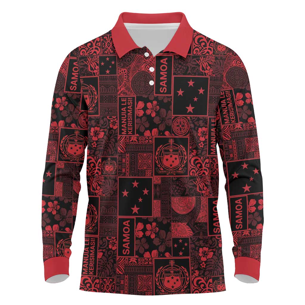 Dark Samoa Manuia Le Kerisimasi Long Sleeve Polo Shirt Pacific Patchwork Xmas Vibes - Polynesian Pride