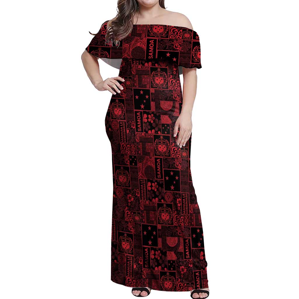 Dark Samoa Manuia Le Kerisimasi Off Shoulder Maxi Dress Pacific Patchwork Xmas Vibes - Polynesian Pride