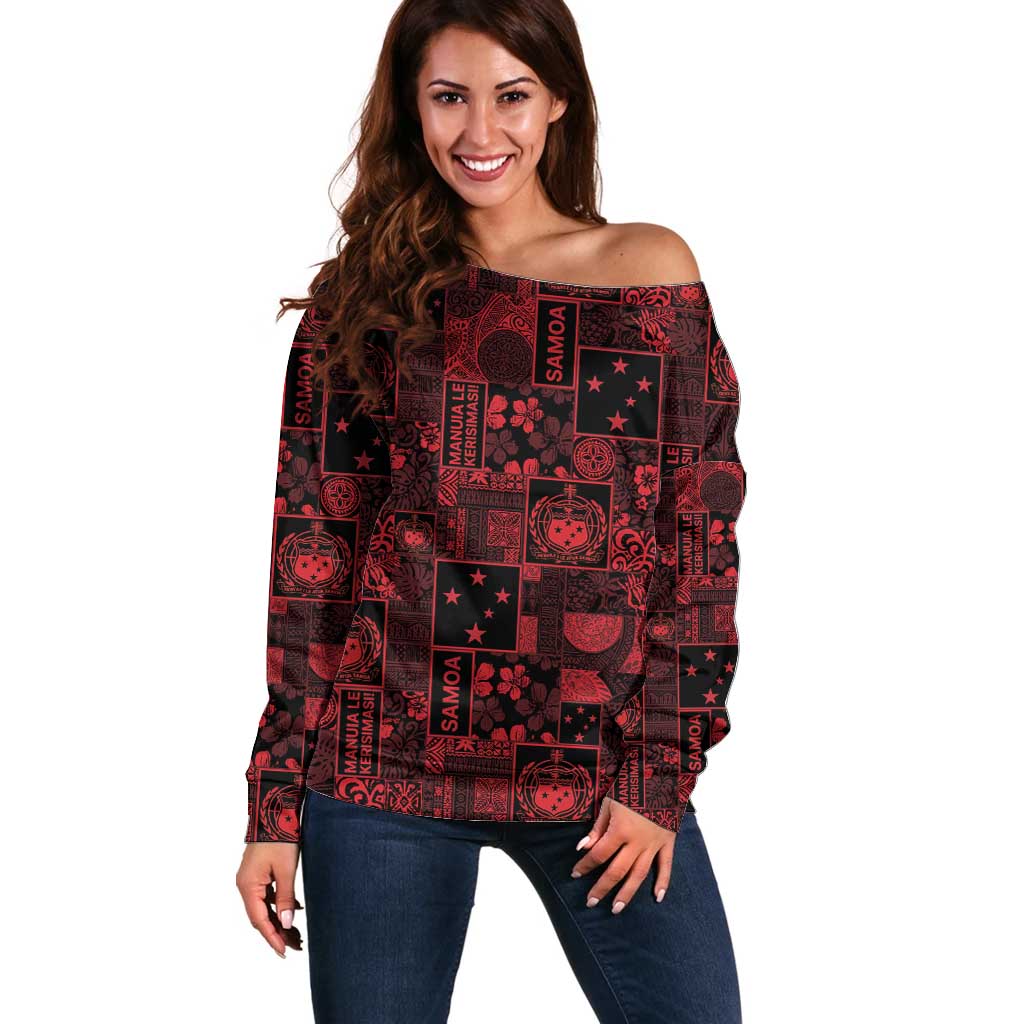 Dark Samoa Manuia Le Kerisimasi Off Shoulder Sweater Pacific Patchwork Xmas Vibes - Polynesian Pride