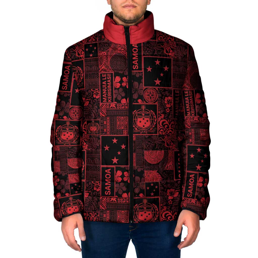 Dark Samoa Manuia Le Kerisimasi Padded Jacket Pacific Patchwork Xmas Vibes - Polynesian Pride