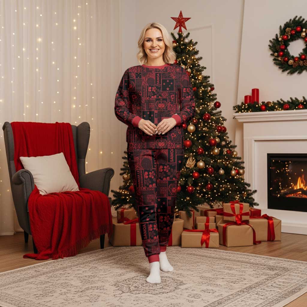 Dark Samoa Manuia Le Kerisimasi Christmas Pajama Set Pacific Patchwork Xmas Vibes - Polynesian Pride