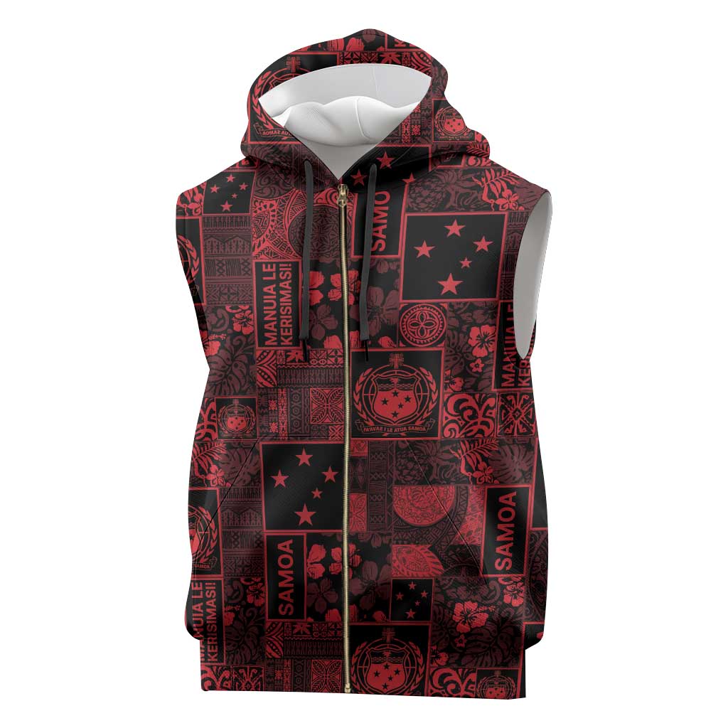 Dark Samoa Manuia Le Kerisimasi Sleeveless Zip Hoodie Pacific Patchwork Xmas Vibes - Polynesian Pride