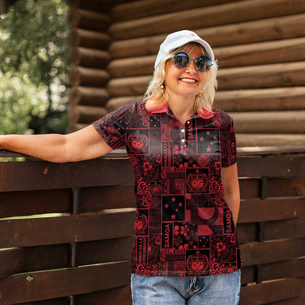 Dark Samoa Manuia Le Kerisimasi Women Polo Shirt Pacific Patchwork Xmas Vibes - Polynesian Pride