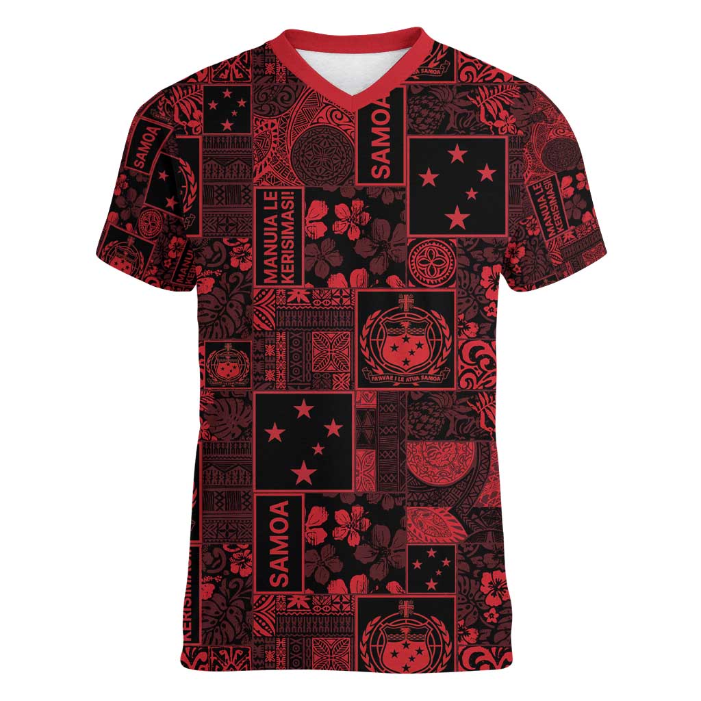 Dark Samoa Manuia Le Kerisimasi Women V-Neck T-Shirt Pacific Patchwork Xmas Vibes - Polynesian Pride