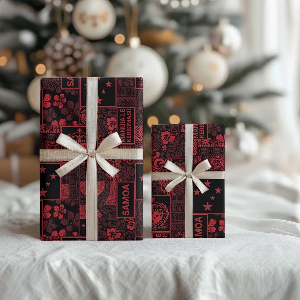 Dark Samoa Manuia Le Kerisimasi Wrapping Paper Pacific Patchwork Xmas Vibes - Polynesian Pride