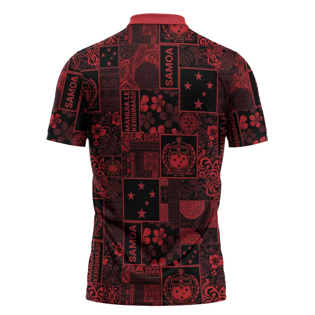 Dark Samoa Manuia Le Kerisimasi Zipper Polo Shirt Pacific Patchwork Xmas Vibes - Polynesian Pride