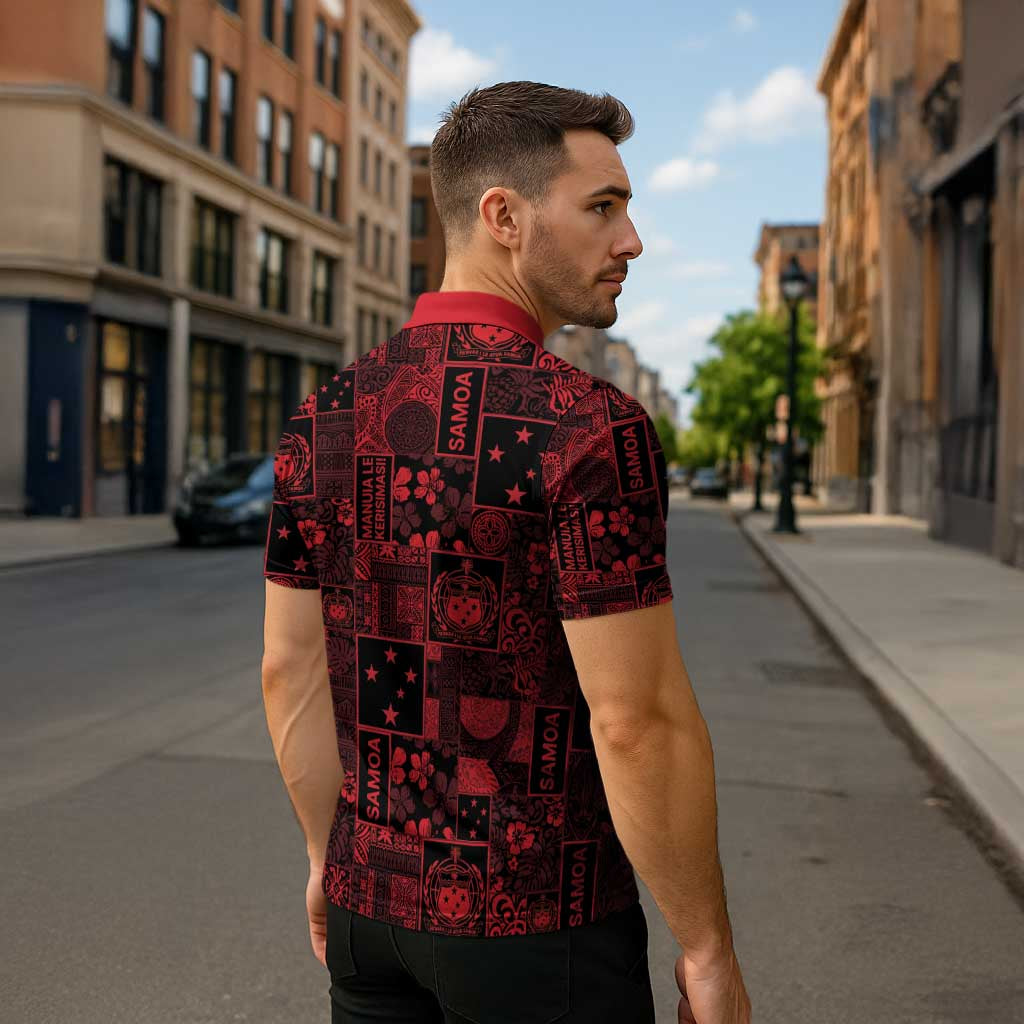 Dark Samoa Manuia Le Kerisimasi Zipper Polo Shirt Pacific Patchwork Xmas Vibes - Polynesian Pride