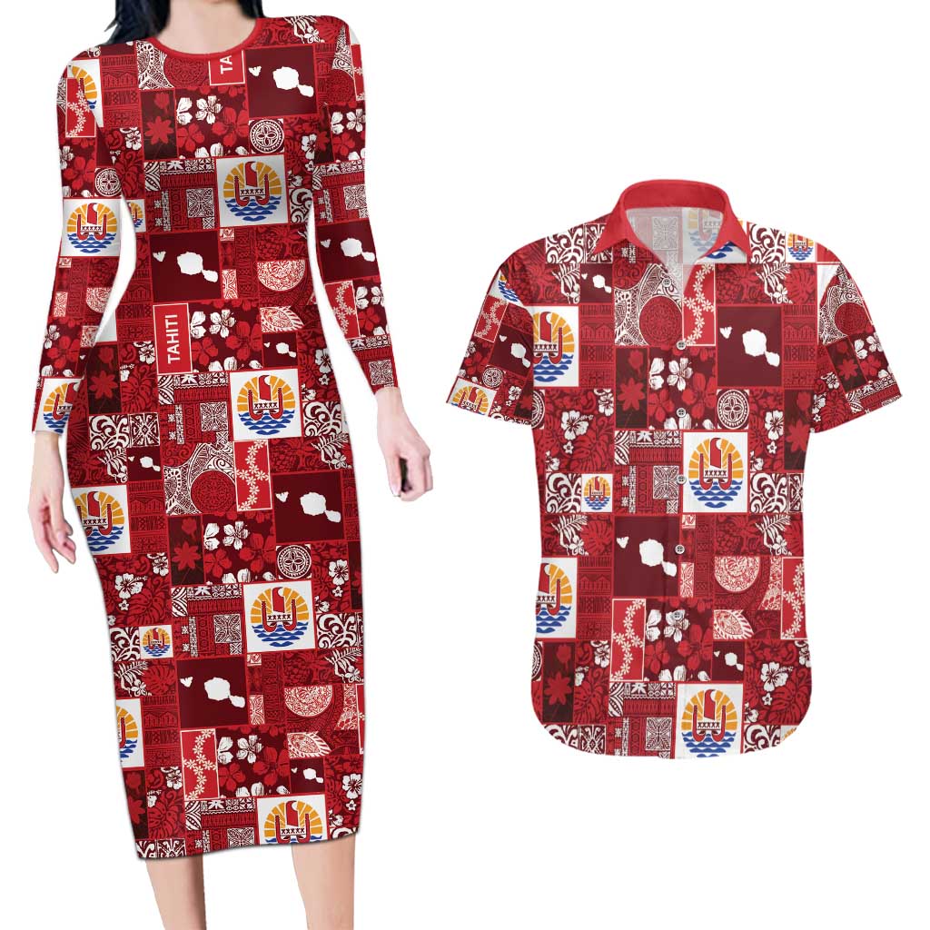 Tahiti Oaoa I Teie Noera Couples Matching Long Sleeve Bodycon Dress and Hawaiian Shirt Pacific Patchwork Xmas Vibes - Polynesian Pride