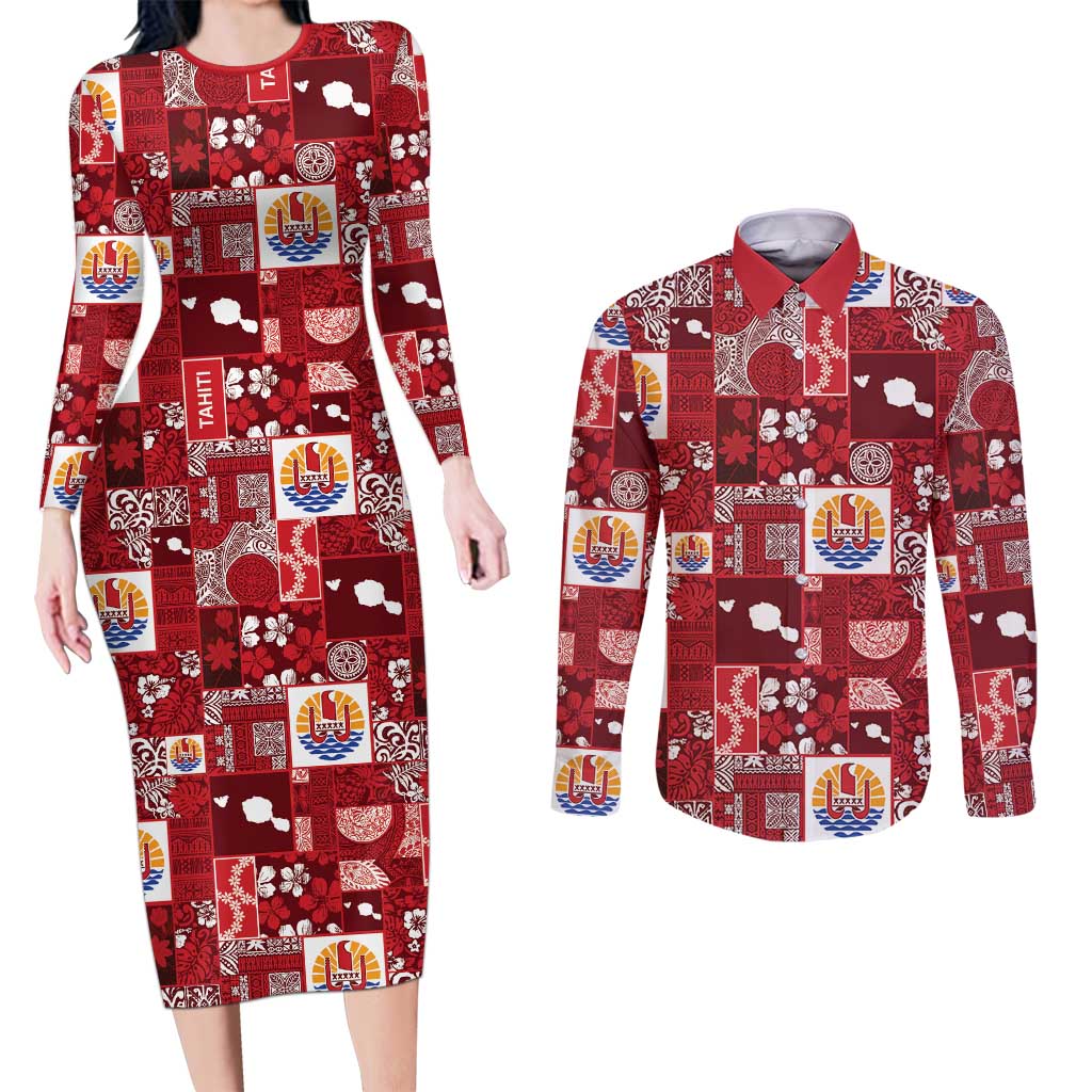 Tahiti Oaoa I Teie Noera Couples Matching Long Sleeve Bodycon Dress and Long Sleeve Button Shirt Pacific Patchwork Xmas Vibes - Polynesian Pride