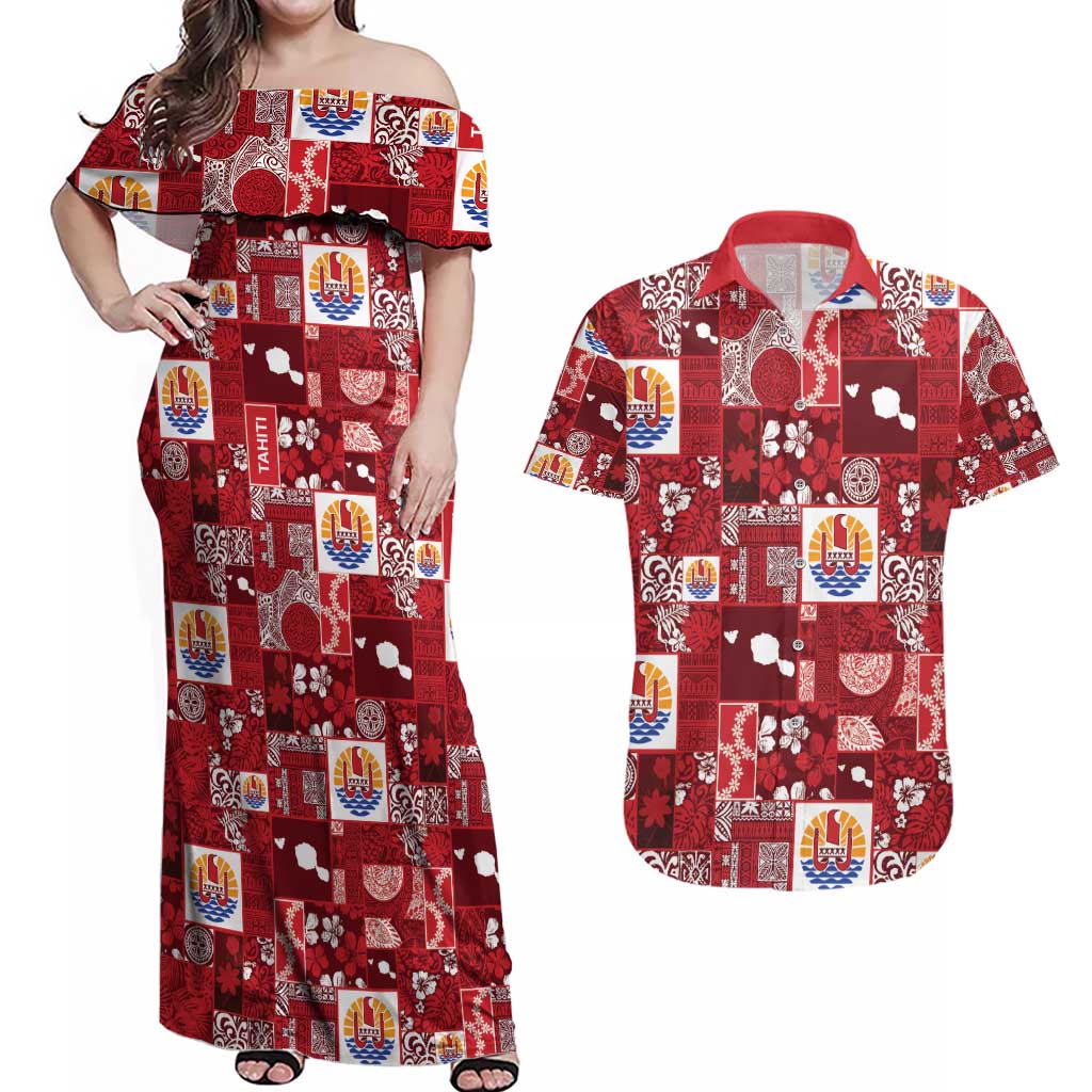 Tahiti Oaoa I Teie Noera Couples Matching Off Shoulder Maxi Dress and Hawaiian Shirt Pacific Patchwork Xmas Vibes - Polynesian Pride