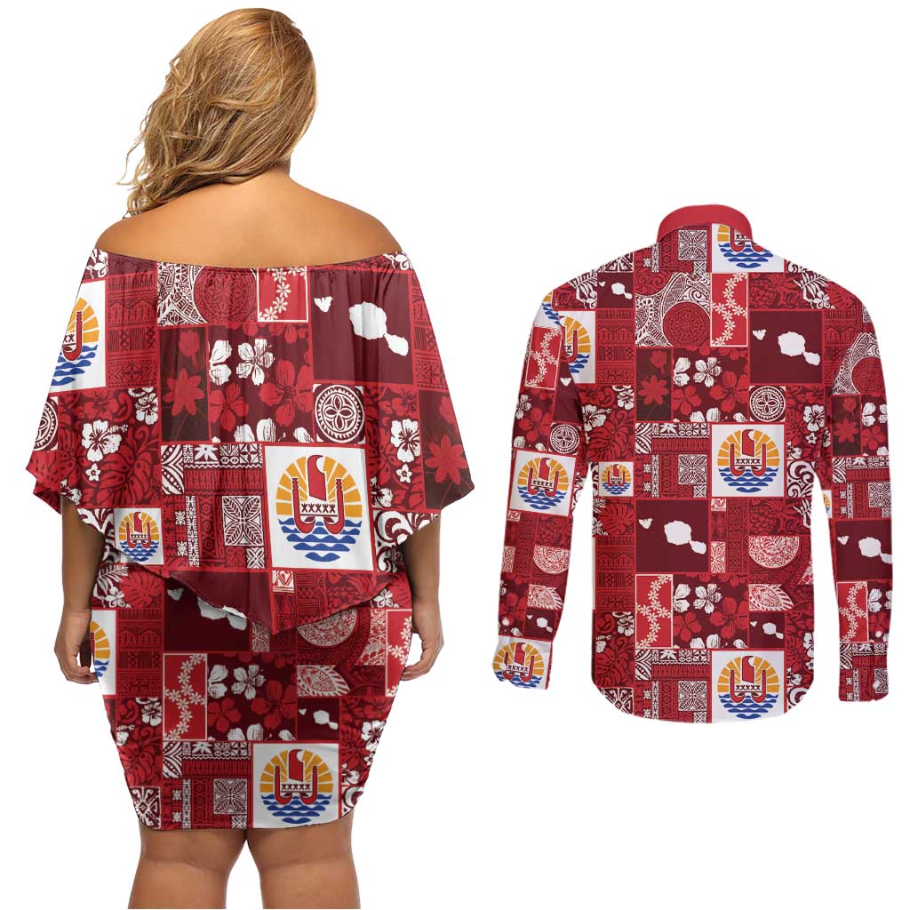 Tahiti Oaoa I Teie Noera Couples Matching Off Shoulder Short Dress and Long Sleeve Button Shirt Pacific Patchwork Xmas Vibes - Polynesian Pride