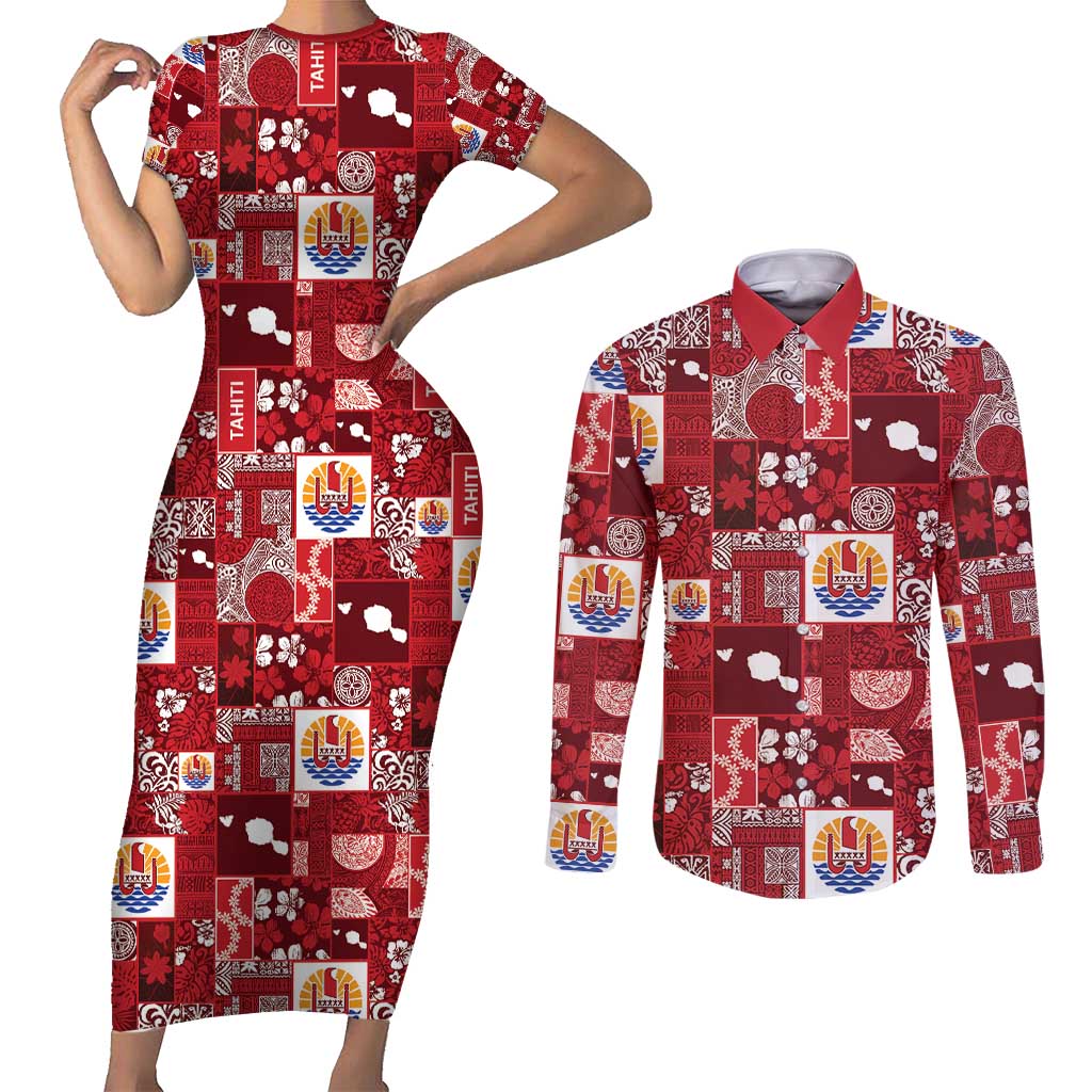 Tahiti Oaoa I Teie Noera Couples Matching Short Sleeve Bodycon Dress and Long Sleeve Button Shirt Pacific Patchwork Xmas Vibes - Polynesian Pride
