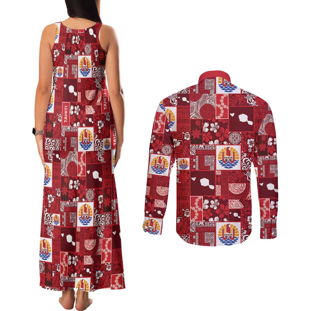 Tahiti Oaoa I Teie Noera Couples Matching Tank Maxi Dress and Long Sleeve Button Shirt Pacific Patchwork Xmas Vibes - Polynesian Pride