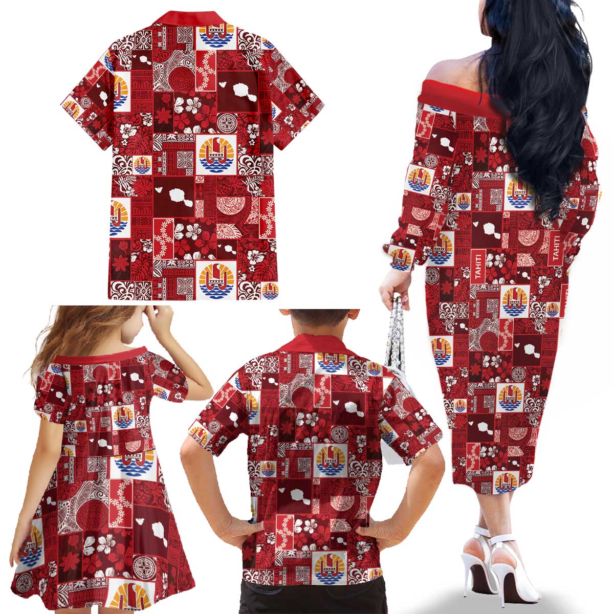 Tahiti Oaoa I Teie Noera Family Matching Off The Shoulder Long Sleeve Dress and Hawaiian Shirt Pacific Patchwork Xmas Vibes - Polynesian Pride