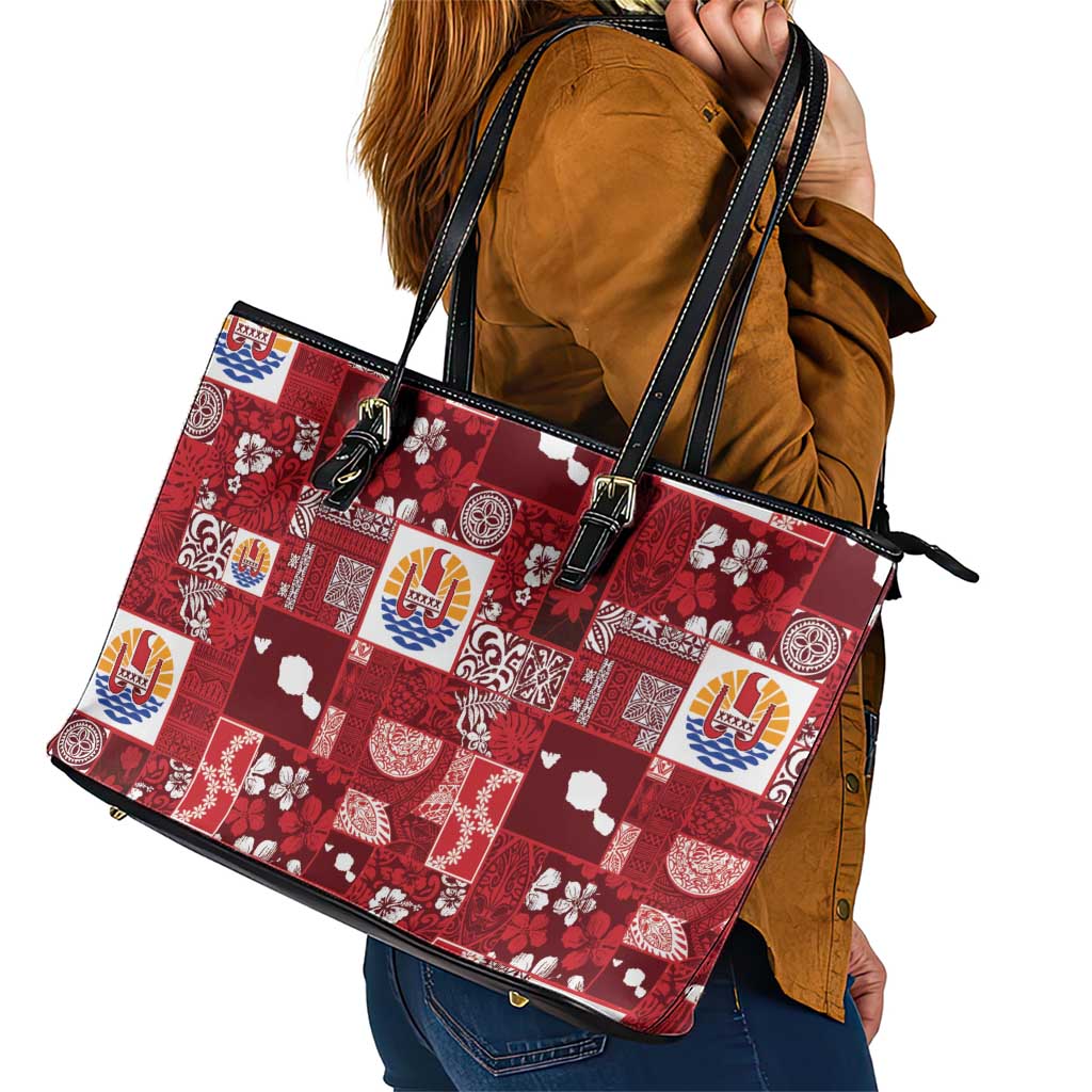 Tahiti Oaoa I Teie Noera Leather Tote Bag Pacific Patchwork Xmas Vibes - Polynesian Pride