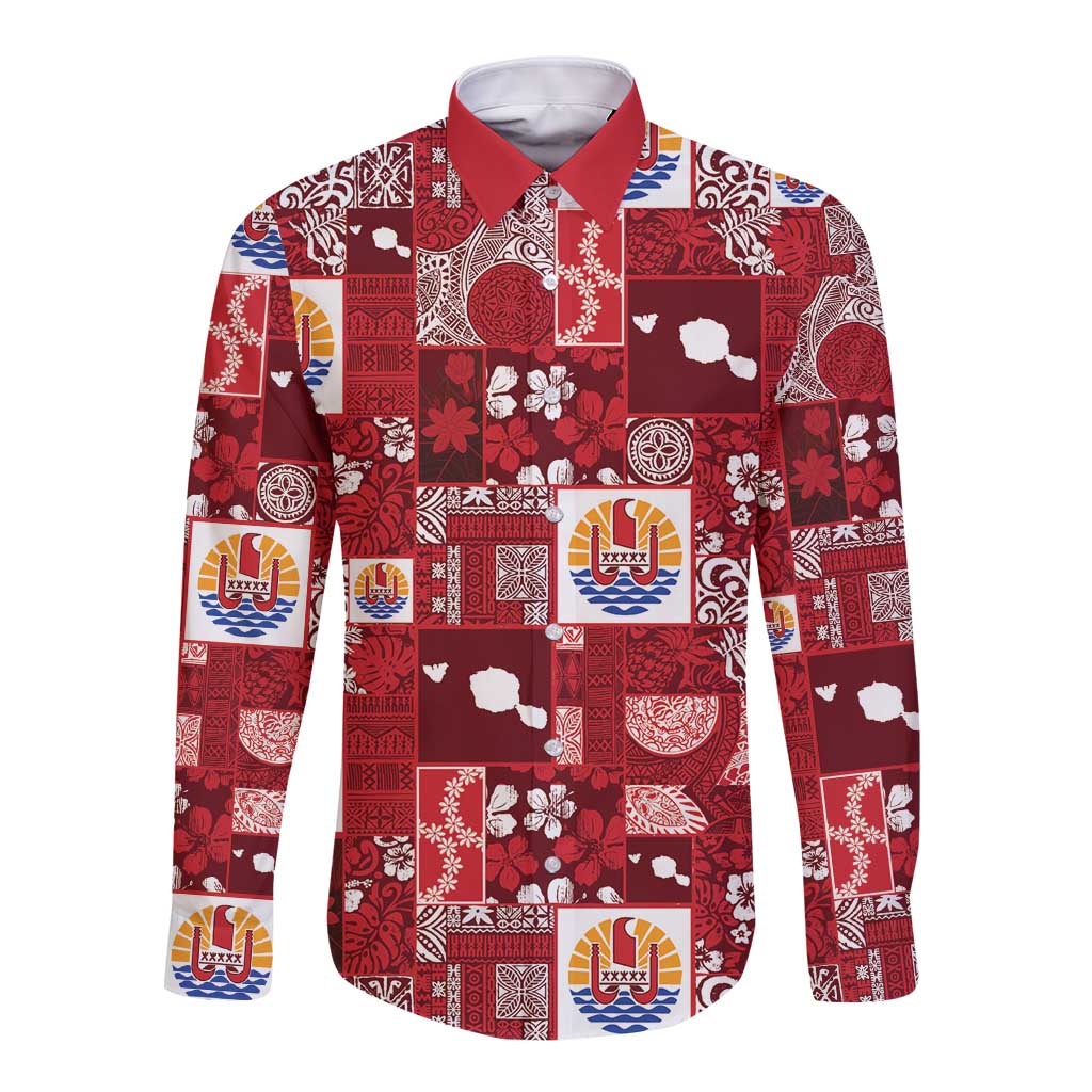 Tahiti Oaoa I Teie Noera Long Sleeve Button Shirt Pacific Patchwork Xmas Vibes - Polynesian Pride