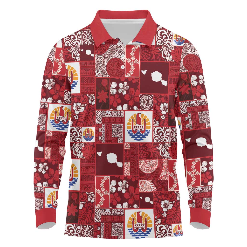 Tahiti Oaoa I Teie Noera Long Sleeve Polo Shirt Pacific Patchwork Xmas Vibes - Polynesian Pride