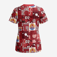 Tahiti Oaoa I Teie Noera Scrub Top Pacific Patchwork Xmas Vibes - Polynesian Pride