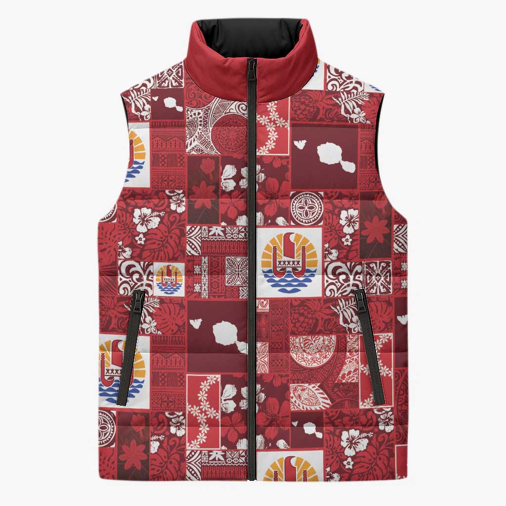 Tahiti Oaoa I Teie Noera Sleeveless Puffer Jacket Pacific Patchwork Xmas Vibes - Polynesian Pride