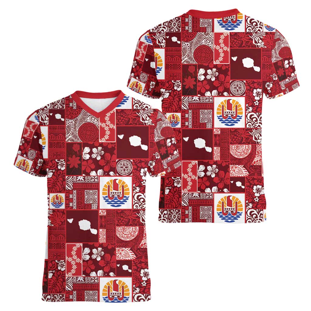 Tahiti Oaoa I Teie Noera Women V-Neck T-Shirt Pacific Patchwork Xmas Vibes - Polynesian Pride