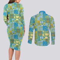 Tuvalu Manuia te Kilisimasi Couples Matching Long Sleeve Bodycon Dress and Long Sleeve Button Shirt Pacific Patchwork Xmas Vibes - Polynesian Pride
