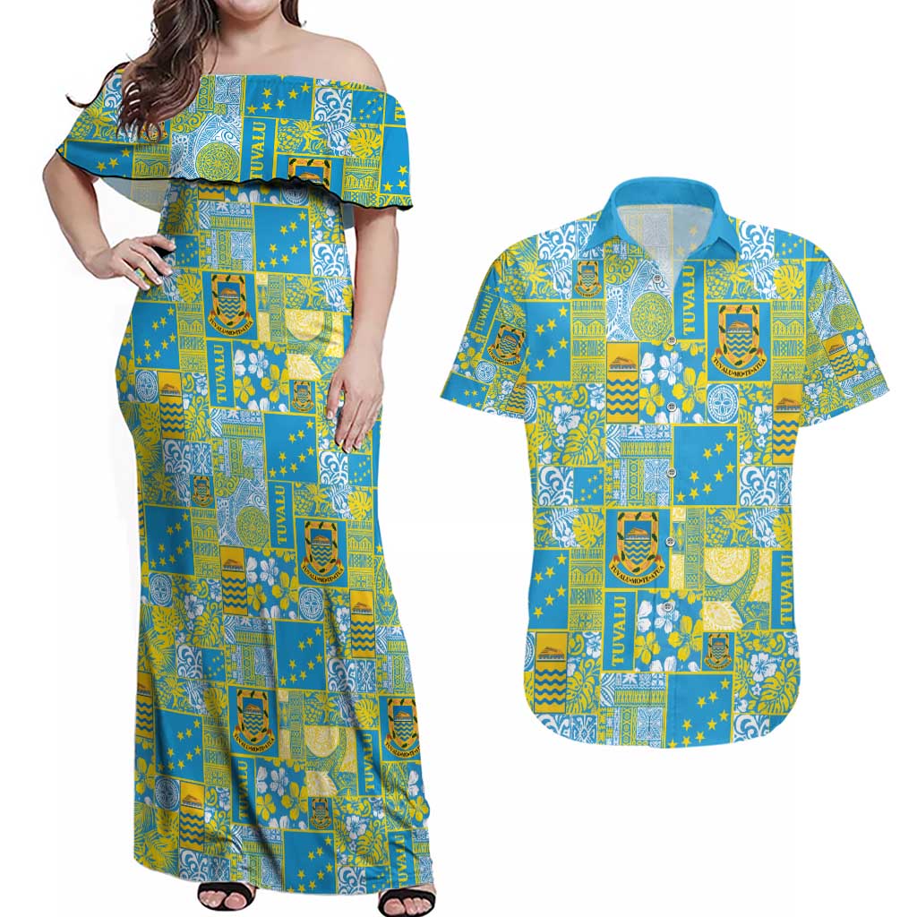 Tuvalu Manuia te Kilisimasi Couples Matching Off Shoulder Maxi Dress and Hawaiian Shirt Pacific Patchwork Xmas Vibes - Polynesian Pride